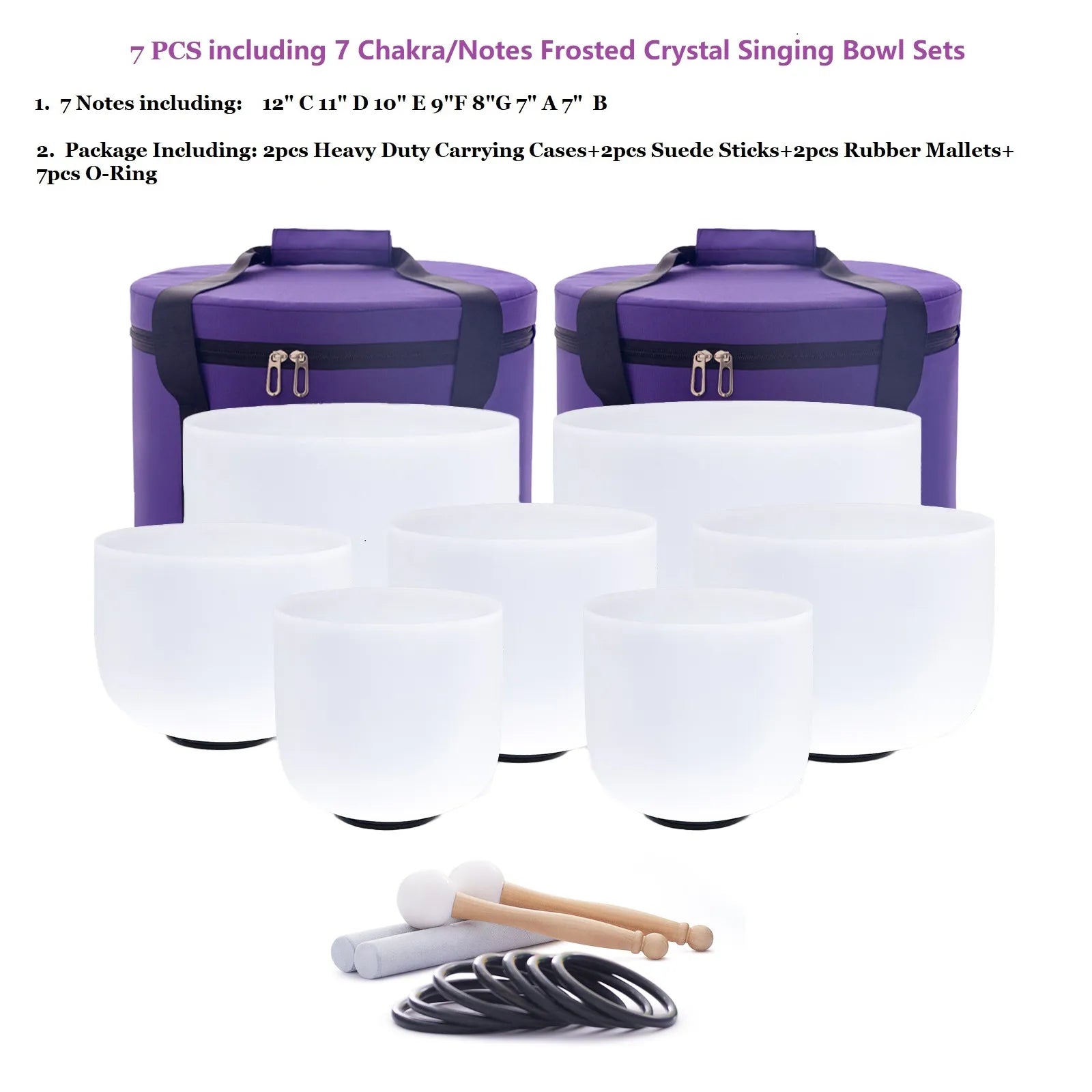 Crystal Singing Bowl Chakra Set of 7 with Carrying Cases - Aura Sono