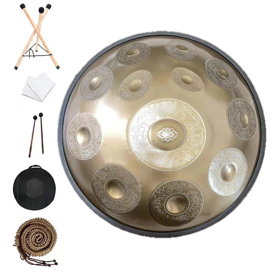 Handpan Drum - 12/10/9 Notes, 22 Inch Steel Tongue 440/432Hz Golden - Aura Sono