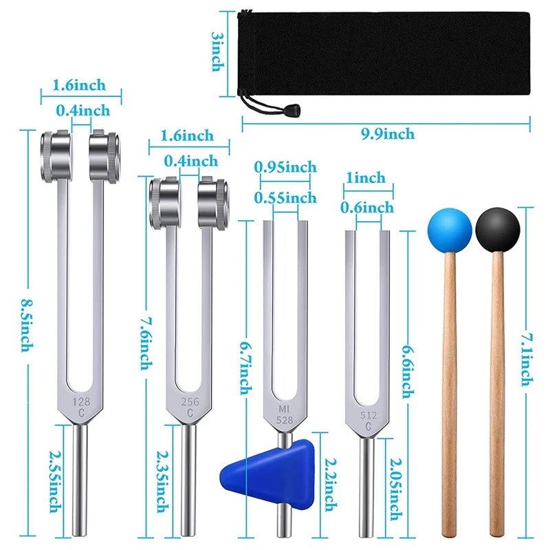 Precision Tuning Forks Set - 4 Units for Sound Healing (128 Hz, 256 Hz, 512 Hz, 528 Hz) - Aura Sono