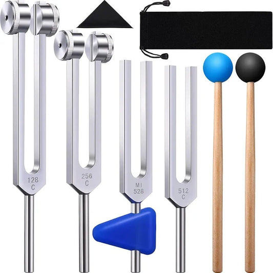 Precision Tuning Forks Set - 4 Units for Sound Healing (128 Hz, 256 Hz, 512 Hz, 528 Hz) - Aura Sono