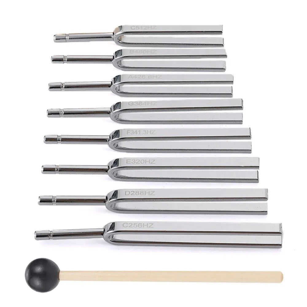 Steel Tuning Forks Set - 8 Pieces, 256 - 512 Hz with Mallet - Aura Sono