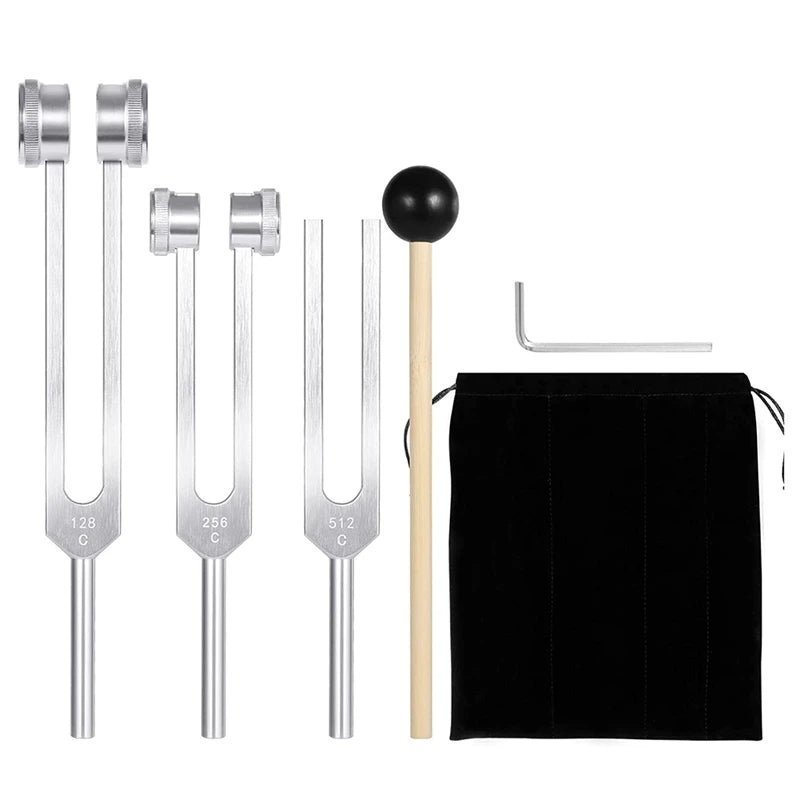 Tuning Fork Set for Healing and Education - 128Hz, 256Hz, 512Hz, Silver - Aura Sono